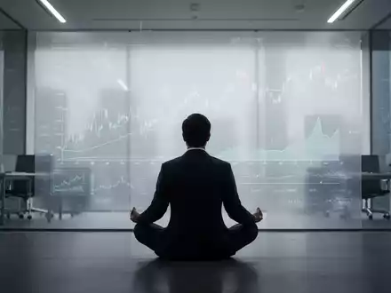 Eine einzelne Person meditiert in einem modernen Büro, umgeben von verschwommenen Finanzdiagrammen im Hintergrund, die Isolation betonen. - Foto: über boerse-global.de