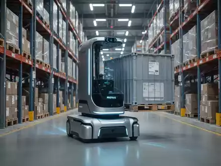 Ein fortschrittlicher, autonomer KI-Lagerroboter transportiert einen Behälter in einem modernen, beleuchteten Logistikzentrum. - Foto: über boerse-global.de