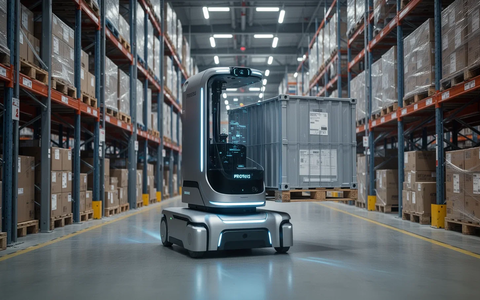 Ein fortschrittlicher, autonomer KI-Lagerroboter transportiert einen Behälter in einem modernen, beleuchteten Logistikzentrum. - Foto: über boerse-global.de