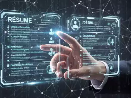 A human hand interacting with a holographic screen showing resume data and job listings, symbolizing AI in job searching. - Foto: über boerse-global.de