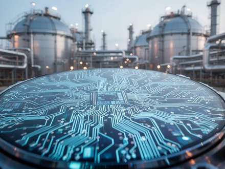 Nahaufnahme einer Halbleiter-Wafer mit komplexen Schaltkreisen und unscharfem Hintergrund einer Industrieanlage mit Gastanks. - Foto: über boerse-global.de