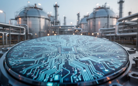 Nahaufnahme einer Halbleiter-Wafer mit komplexen Schaltkreisen und unscharfem Hintergrund einer Industrieanlage mit Gastanks. - Foto: über boerse-global.de
