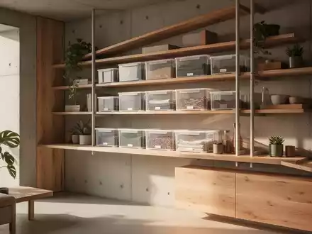 A modern, minimalist living space with open shelving, transparent storage containers, and natural light, emphasizing functional design. - Foto: über boerse-global.de