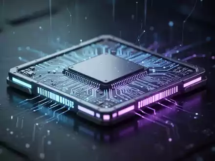 Nahaufnahme eines futuristischen Mikrochips mit blau-violetter Beleuchtung, der Quantentechnologie und KI symbolisiert. - Foto: über boerse-global.de