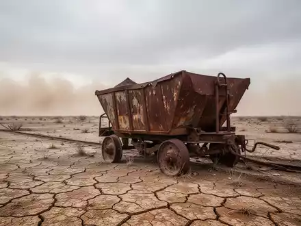 Eine trostlose, sonnenverbrannte texanische Landschaft mit einem verrosteten, verlassenen Bergbauwagen auf trockenem, rissigem Boden. - Foto: über boerse-global.de