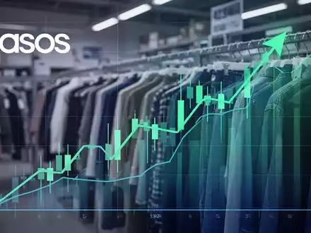 Ein stilisierter, aufwärts gerichteter Börsenchart vor einem unscharfen Hintergrund von Kleiderständern oder einem E-Commerce-Lager. - Foto: über boerse-global.de