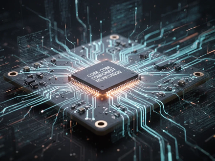 Nahaufnahme einer stilisierten, leuchtenden Platine mit abstrakten digitalen Linien, die Geschwindigkeit und Technologie symbolisieren. - Foto: über boerse-global.de