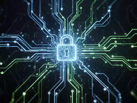 Abstract digital security concept with glowing circuit lines and a secure data node, representing Windows security and AI protection. - Foto: über boerse-global.de