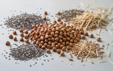 Close-up of buckwheat grains and other dietary fibers like chia seeds, artfully arranged on a light surface. - Foto: über boerse-global.de