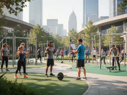 Menschen unterschiedlichen Alters nutzen einen modernen Stadtpark mit Fitnessgeräten und einem Trainer, umgeben von Grünflächen und Stadtarchitektur. - Foto: über boerse-global.de