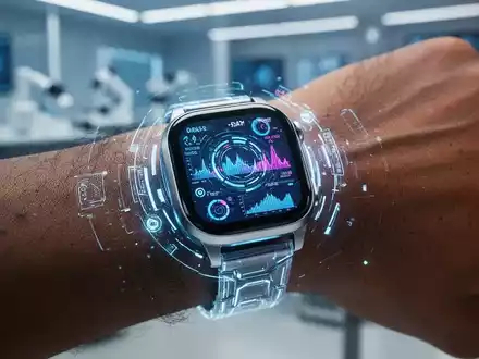 Eine futuristische Smartwatch zeigt komplexe Gesundheitsdaten mit leuchtenden KI-Elementen auf einem Handgelenk. - Foto: über boerse-global.de