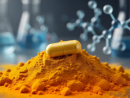 A vibrant yellow pile of turmeric powder with a single transparent pharmaceutical capsule on top, suggesting advanced delivery. - Foto: über boerse-global.de