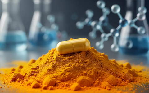 A vibrant yellow pile of turmeric powder with a single transparent pharmaceutical capsule on top, suggesting advanced delivery. - Foto: über boerse-global.de