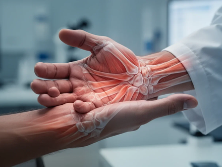 Close-up of a person's hand and wrist, subtly showing strain, with tendons and bones highlighted by cinematic lighting. - Foto: über boerse-global.de