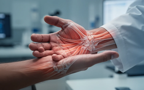 Close-up of a person's hand and wrist, subtly showing strain, with tendons and bones highlighted by cinematic lighting. - Foto: über boerse-global.de