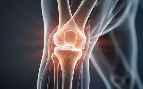 Close-up, detailed view of a human knee joint, highlighting bone and cartilage with soft, illuminating light. - Foto: über boerse-global.de