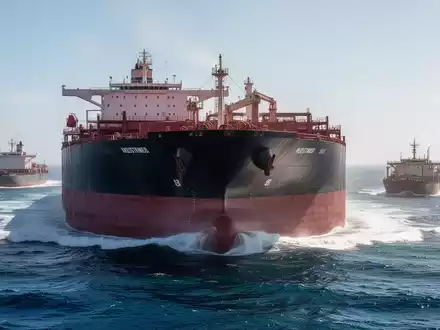 Ein großes, modernes Massengutfrachterschiff auf offener See, mit einem kleineren, älteren Schiff im Hintergrund. - Foto: über boerse-global.de