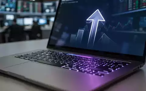 Nahaufnahme einer modernen Laptop-Tastatur mit leuchtenden Tasten, die einen subtilen Aufwärtspfeil auf dem Bildschirm widerspiegeln. - Foto: über boerse-global.de