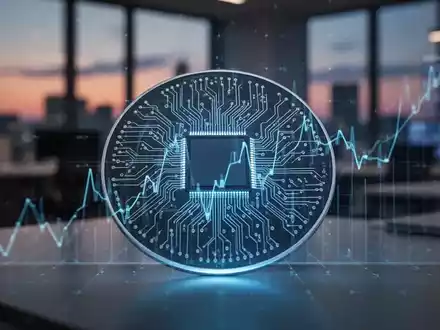 Nahaufnahme eines leuchtenden Mikrochips mit abstrakten Finanzgrafiken, im Hintergrund ein unscharfes Büro bei Dämmerung. - Foto: über boerse-global.de