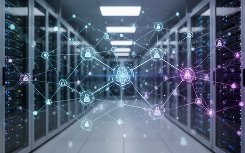 A glowing network of interconnected digital nodes and lines representing AI agents, overlaid on blurred data centers. - Foto: über boerse-global.de