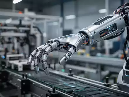 A detailed close-up of a sophisticated humanoid robot arm with multiple joints and wires, poised in an industrial setting. - Foto: über boerse-global.de