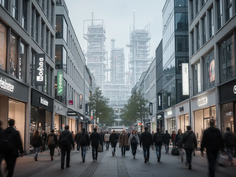 A bustling German city street with shops and pedestrians, symbolizing the growth in consumer services and entrepreneurship. - Foto: über boerse-global.de
