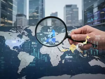 A hand holds a magnifying glass over a world map, highlighting the US, EU, and Japan, with digital tariff data overlays. - Foto: über boerse-global.de