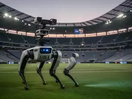 Ein Boston Dynamics Spot Roboter patrouilliert in einem modernen, leeren Fußballstadion bei Dämmerung. - Foto: über boerse-global.de