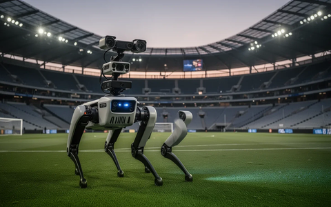 Ein Boston Dynamics Spot Roboter patrouilliert in einem modernen, leeren Fußballstadion bei Dämmerung. - Foto: über boerse-global.de
