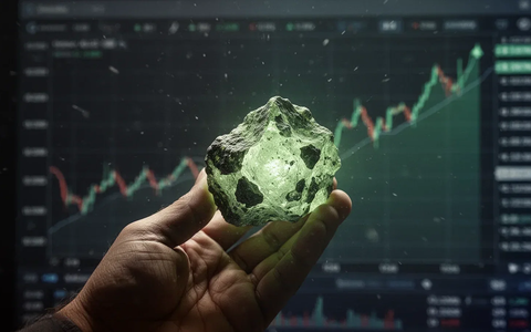 Eine Hand hält ein glühendes Uranerzstück vor einem unscharfen Börsenchart mit Aufwärtstrend. - Foto: über boerse-global.de