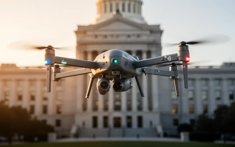 Eine moderne Militärdrohne fliegt vor einem imposanten Regierungsgebäude, symbolisierend Verteidigungstechnologie und Pentagon-Hoffnung. - Foto: über boerse-global.de