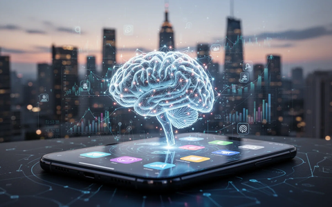 A glowing AI network inside a smartphone screen, with financial charts and app icons, against a blurred city skyline. - Foto: über boerse-global.de