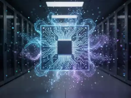 Ein stilisierter, leuchtender Quantencomputer-Chip mit komplexen Schaltkreisen, umgeben von ätherischem Licht in einem futuristischen Serverraum. - Foto: über boerse-global.de