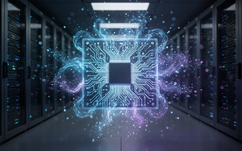 Ein stilisierter, leuchtender Quantencomputer-Chip mit komplexen Schaltkreisen, umgeben von ätherischem Licht in einem futuristischen Serverraum. - Foto: über boerse-global.de