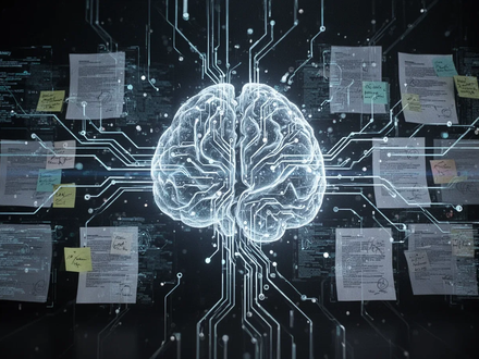 An abstract image showing a glowing neural network with digital data streams and icons of documents and notes, symbolizing local AI search. - Foto: über boerse-global.de