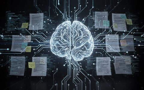 An abstract image showing a glowing neural network with digital data streams and icons of documents and notes, symbolizing local AI search. - Foto: über boerse-global.de