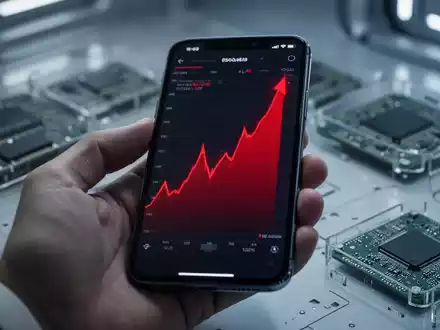 Eine Hand hält ein Smartphone, dessen Bildschirm einen roten Preisanstieg zeigt, mit unscharfen Mikrochips im Hintergrund. - Foto: über boerse-global.de