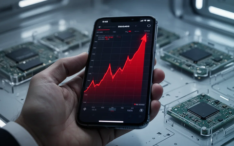Eine Hand hält ein Smartphone, dessen Bildschirm einen roten Preisanstieg zeigt, mit unscharfen Mikrochips im Hintergrund. - Foto: über boerse-global.de