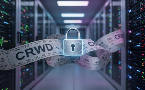 Ein leicht entleertes Börsentickerband mit 'CRWD' und ein digitales Vorhängeschloss vor einem unscharfen Serverraum. - Foto: über boerse-global.de