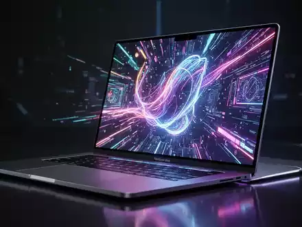 A futuristic, ultra-thin laptop with a vibrant, glowing hybrid OLED display showcasing abstract technology graphics. Focus on the screen. - Foto: über boerse-global.de
