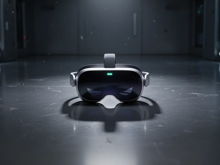Ein einzelnes Apple Vision Pro Headset auf einer spiegelnden Oberfläche in einem dunklen Raum, symbolisiert gestrichene Produktpläne. - Foto: über boerse-global.de