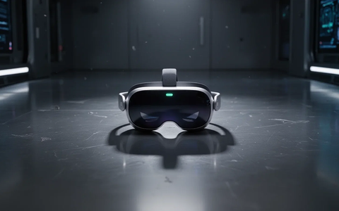 Ein einzelnes Apple Vision Pro Headset auf einer spiegelnden Oberfläche in einem dunklen Raum, symbolisiert gestrichene Produktpläne. - Foto: über boerse-global.de