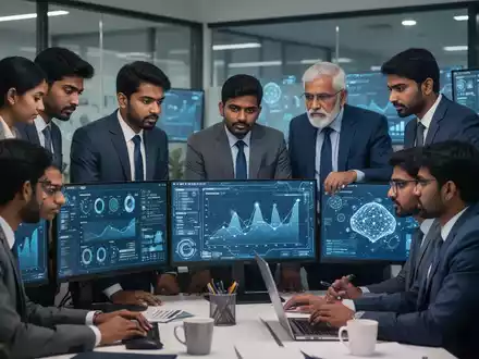 Indische Geschäftsleute arbeiten in einem modernen Büro und nutzen KI-Technologie, mit Datenvisualisierungen auf Bildschirmen. - Foto: über boerse-global.de