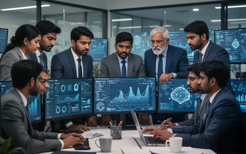 Indische Geschäftsleute arbeiten in einem modernen Büro und nutzen KI-Technologie, mit Datenvisualisierungen auf Bildschirmen. - Foto: über boerse-global.de