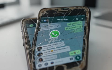 Nahaufnahme eines älteren Smartphones mit einem WhatsApp-Chat und einem Symbol für veraltete Software, das das Ende des Supports symbolisiert. - Foto: über boerse-global.de