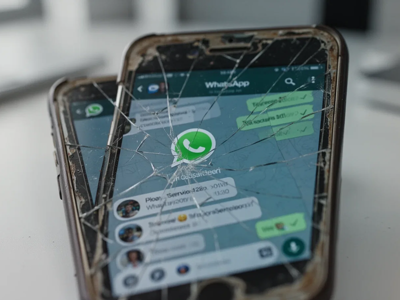 Nahaufnahme eines älteren Smartphones mit einem WhatsApp-Chat und einem Symbol für veraltete Software, das das Ende des Supports symbolisiert. - Foto: über boerse-global.de