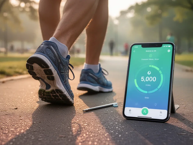 Eine Person in Sportschuhen geht auf einem Weg, während ein Smartphone im Vordergrund '5.000' auf einem Schrittzähler anzeigt. - Foto: über boerse-global.de