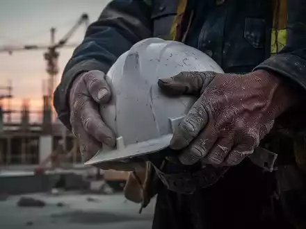 Close-up of a construction worker's hands holding a hard hat, with a blurred construction site in the background at dusk. - Foto: über boerse-global.de