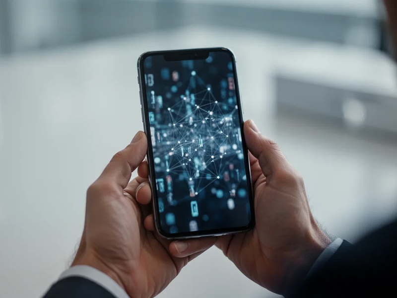 Hände halten ein Smartphone mit verschwommenem Bildschirm, der digitale Daten darstellt, im Kontext von digitalem Wohlbefinden und Technologie. - Foto: über boerse-global.de