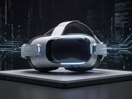 Eine futuristische Virtual-Reality-Brille mit subtilem Leuchten auf einem minimalistischen Display vor einem dunklen, technologieinspirierten Hintergrund. - Foto: über boerse-global.de